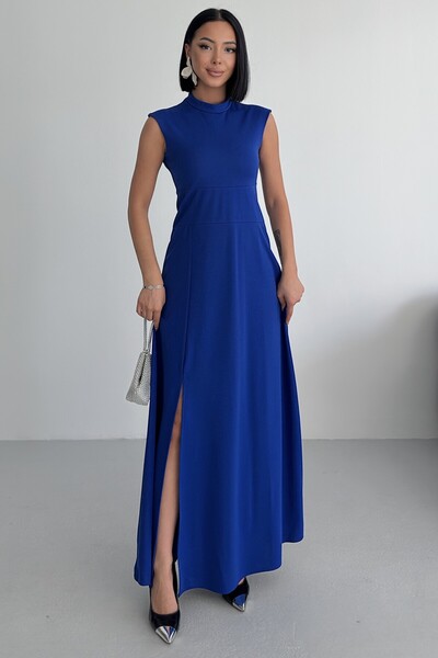 ALFUDO Moda Collection Crew Neck Slit Saks Blue Maxi Dress