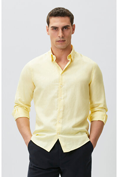 Network Slim Fit Sarı Keten Gömlek