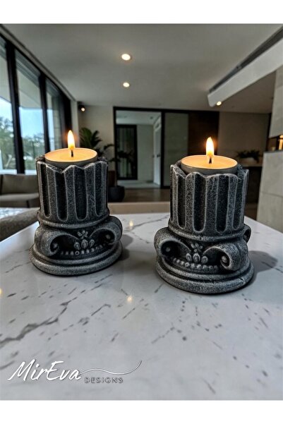 MİREVA Antik Yunan Sütun Tasarımlı Taş Mumluk Seti - 9 cm Sütun Tealight Şamd...