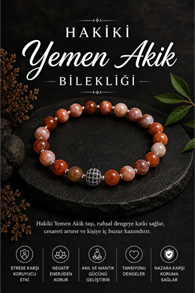 OSMANLI DEĞERLİ TAŞ Sertifikalı Hakiki Yemen Akik Doğaltaş Bileklik-8mm B203