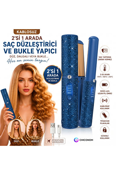 chiconom Wireless Hair Straightener & Curler, Titanium Plate, 3 Heat Settings...