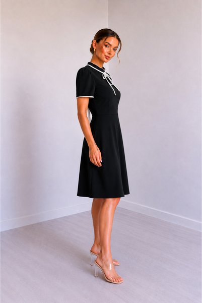 JANES Women's Short Sleeve Collar Lace-Up and Ruffled Midi Crepe Dress