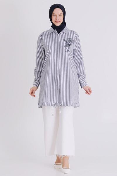 ottoman wear Behrem Büyük Beden Tesettür Çizgili Tunik Lacivert OTW23036