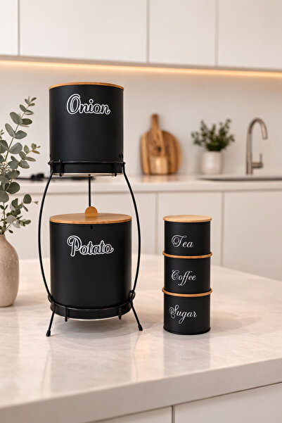 Potato Onion Storage Bucket with Stand and Bamboo Lid Tea Coffee Sugar Jar Set –Black