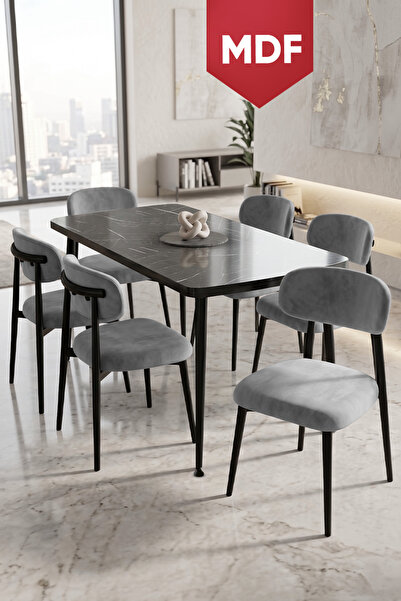 Canisa Runes Serisi MDF Sabit 80x130 Siyah Mermer Desen Mutfak Masası Takımı ...