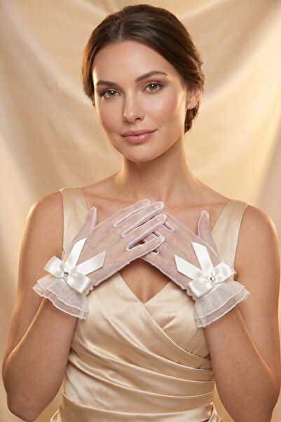 Elegance Scarf Beyaz Fiyonk Gelin Eldiveni Parti Eldiveni Nikah Eldiveni