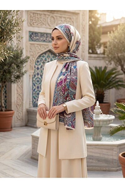 Vissona 100% İpek Etro Desenli Krem - Mürdüm Renkli 92x210 Şal