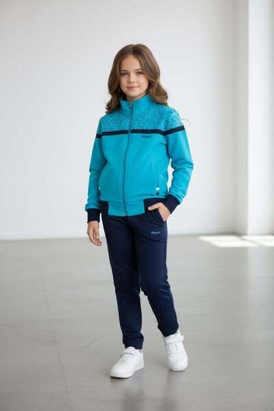 Piyera Girl's elasticated leg zippered turquoise tracksuit set - 40006