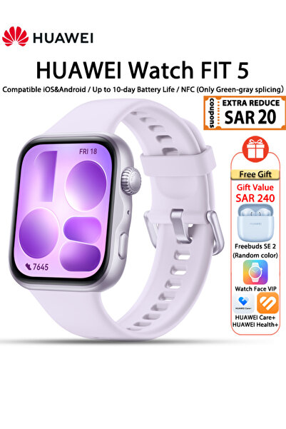 Huawei ساعة ذكية WATCH FIT 5 مع مراقبة الصحة، تقنية NFC، بلوتوث 6.0، نظام GNS...