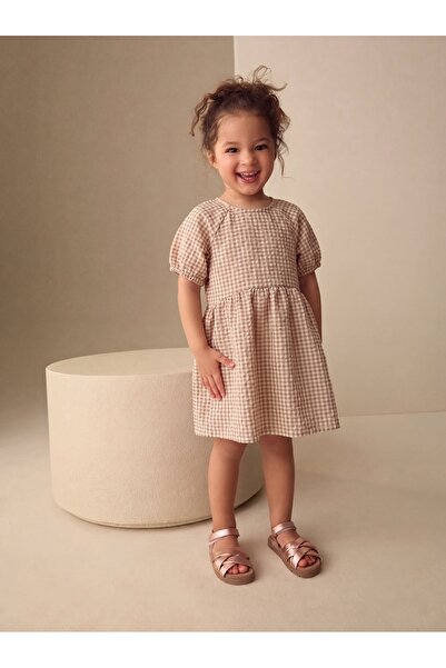 Tinymuyt Baby Girl and Child Waffle Fabric Dress Checkered Brown