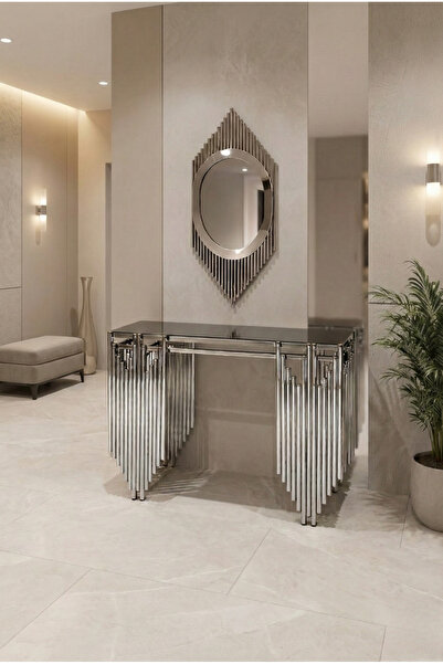 lowena home Ultra Lak Gümüş Kaplama Kare Dresuar Piramit Ayna Takım 120Cm