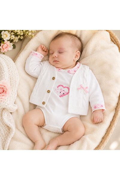 Bebelul Set body maneca lunga, vesta si pantaloni fetite 100% bumbac roz