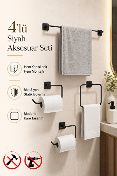 BellaBagno Jasmin Kare Siyah Yapışkanlı 4'lü Banyo Seti - Kağıtlık, Solo Havl...