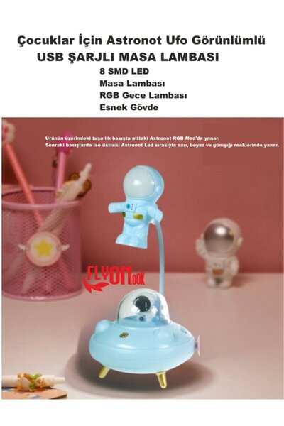 FLYONLOOK Çocuklar İçin Astronot Ufo Görünlümlü Şarjlı Masa Lambası 3 Fafklı ...