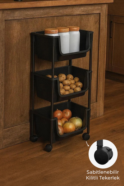 Kitchen Life 3 Katlı Tekerlekli Organizer Raf Oyuncak Dolabı,Mutfak, Banyo, K...