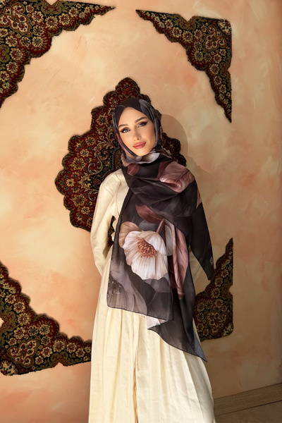 KUQOS Thin Floral Patterned Shawl Black