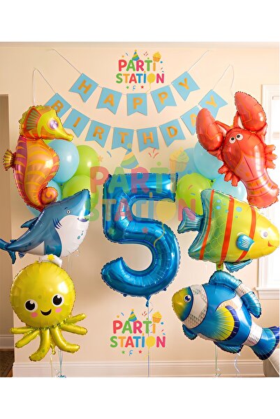 Parti Station Büyük Boy Balonlu Okyanus Hayvanları 5 Yaş Doğum Günü Balon Set...