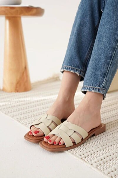Belinora Beige Genuine Leather Slippers Tr31My66C