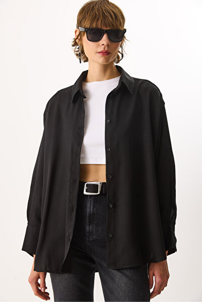VENA Women's Oversize 100% Lyocell (Tencel) ™ ) Shirt - Black