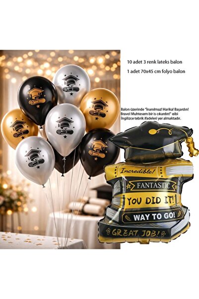 partidolu İngilizce Mezuniyet Mesajlı Folyo Balon ve Mezuniyet Grad Temalı La...