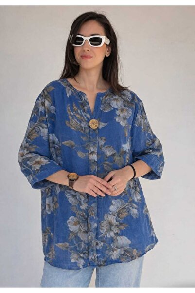 NUR TEKSTİL kadın mavi Italyan Retro Düğme Detaylı Salaş Keten Bluz Tunik
