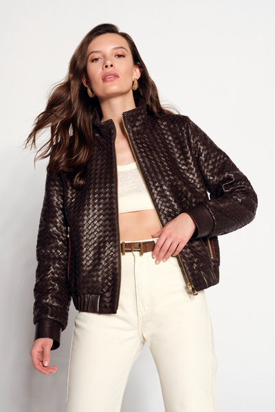 Derimod Della Women's Brown Knitted Patterned Short Leather Coat 26Sgd5643Al