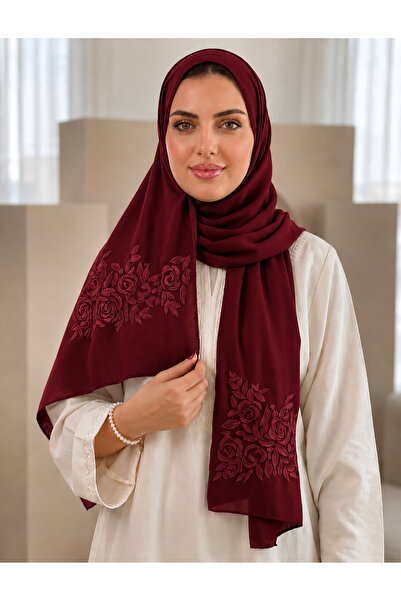 Veil Designer طرحة بوال _ برغندي _ بنطريز الورد الجوري علي الطرفين قماش يابان...