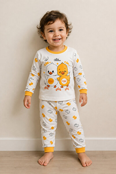 Süpermini Unisex Bebek Beyaz Civcivli Pijama Takımı