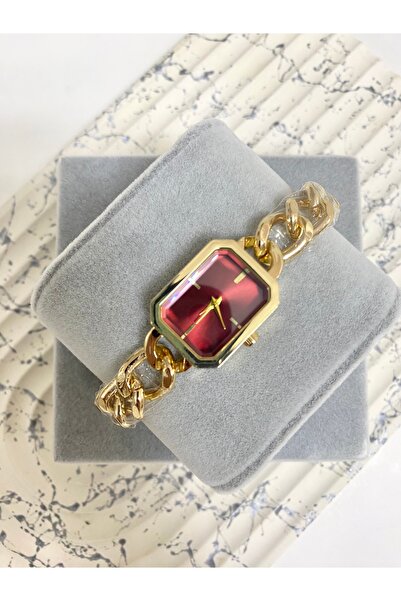 Nazze Chain Band Women's Gold Claret Red Dial Wrist Watch