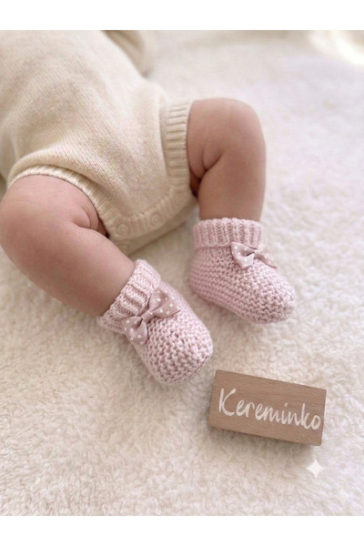Kereminko Bebek Pink Knitwear Booties with Bow Detail, Suitable for 0-6 Months