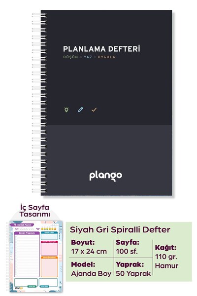 Plango Siyah - Gri Günlük Planlayıcı Defter - Daily Planner - Ders Çalışma Pl...