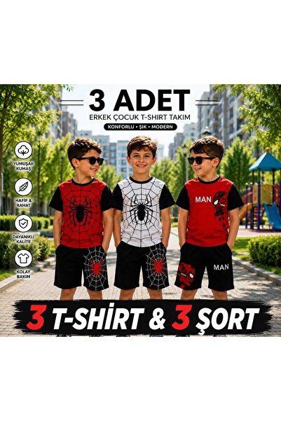 Kids طقم سبايدر باور للأولاد مكون من 3 قطع - طقم تي شيرت وشورت قطني بتصميم سب...