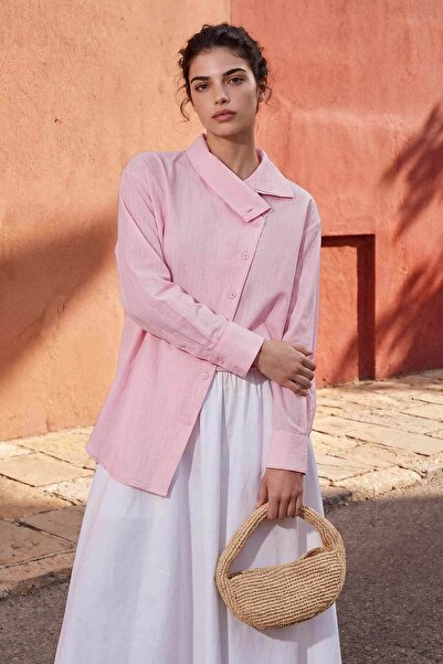 Hooopstore Asimetrik Yaka Çizgili Pembe Gömlek