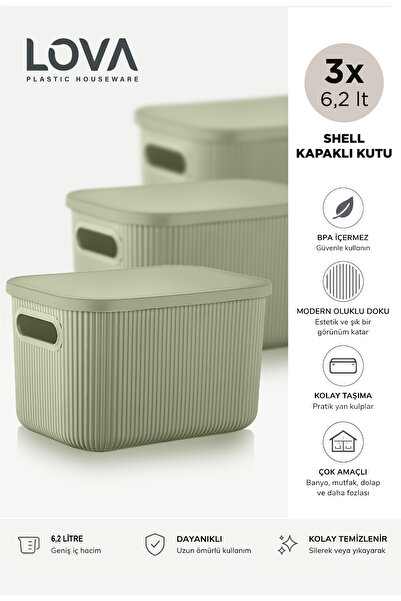 Lova 6 lt Shell Kapaklı Saklama Kutusu (3 adet) (Yeşil)