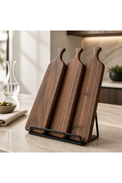 HİCOWOOD Doğal Ceviz 3’lü Sunum Tahtası Seti –45x10x1.5 CM -Ücretsiz Lazer Ki...