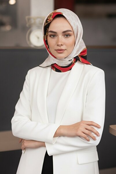 100% Twill Silk Monogrammed and Baroque Patterned Red-Cream Color 90x90 Scarf Sewing Shape : Hand Sewing