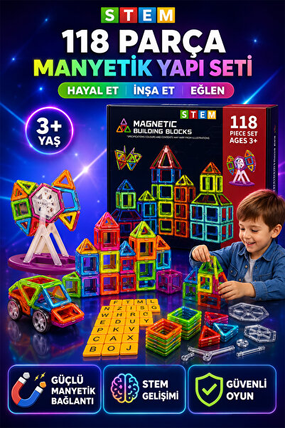indirimsevinci 118 Parça Manyetik Blok Seti STEM Eğitici Oyuncak Manyetik Yapı İnşa Seti