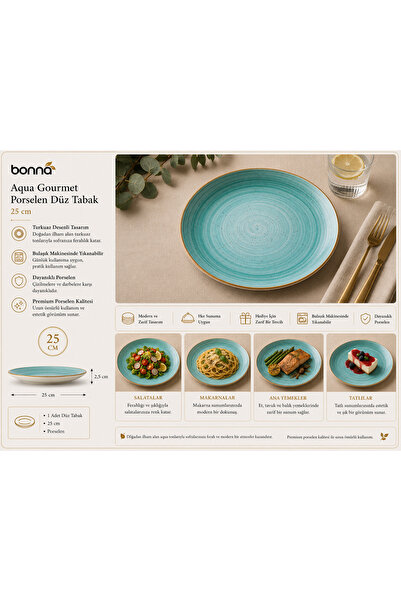 Bonnami Bonna Aqua Gourmet Porselen Düz Tabak 25 cm - Premium Turkuaz Desenli...