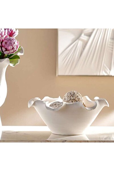 PAN HOME وعاء سيراميك يدوي الصنع من رانا بتصميم أزهار 36×36×16 سم - أبيض