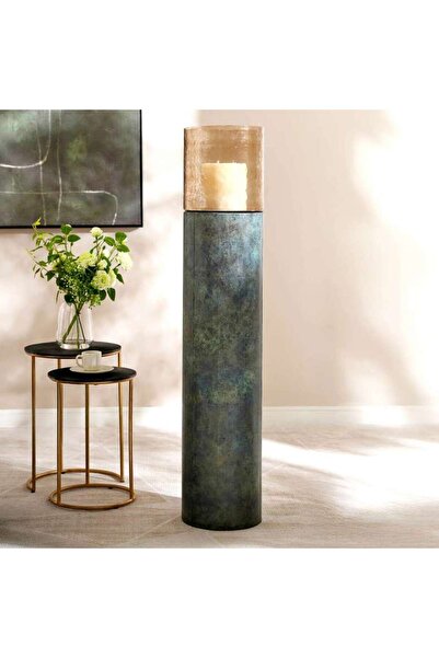PAN HOME حامل شموع معدني وزجاجي من كيث 27×27×130 سم - برونزي