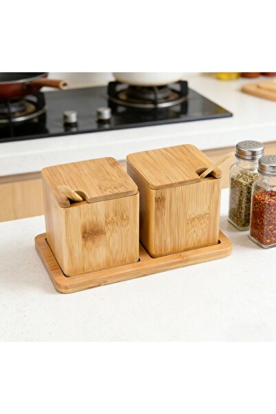Go İthalat Wooden Bamboo 2Pcs Spice Rack Salt Shaker