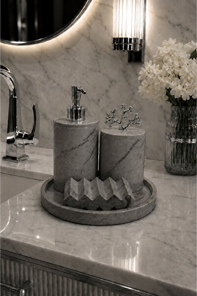 BeeCandleHome Gri Mermer Desenli Katı Sabunluklu 5’li Banyo Seti - Gümüş Renk...