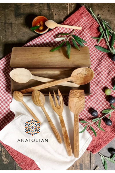 TROYAN 1868 Handmade 7-Piece Boxwood and Olive Wood Spoon, Fork, and Spatula Set in a Gift Wooden Box