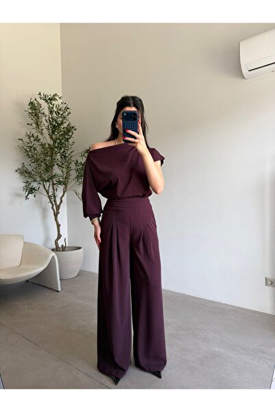 Bade Butik Mürdüm Single Sleeve Pleated Palazzo Suit