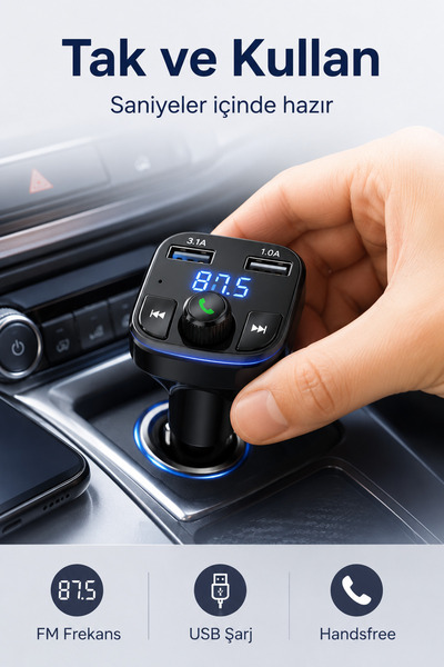 Beatitude Araç Bluetooth Fm Transmitter Cihazı Araba Mp3 Çalar Oto Çakmaklık Şarj Aleti Müzik Kiti