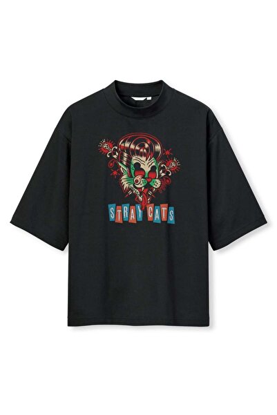 buzagi tasarım ürünleri Stray Digital Print Oversize Black Unisex T-Shirt