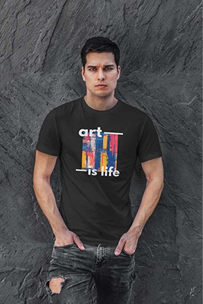 buzagi tasarım ürünleri Art Is Life Digital Print Regular Fit Black Unisex T-...