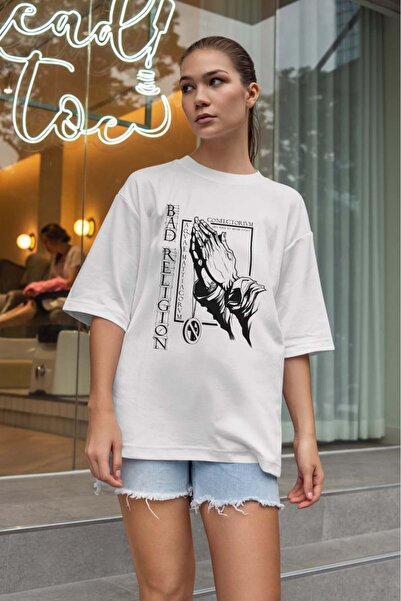 buzagi tasarım ürünleri Bad Religion Oversize Fit Unisex White T-Shirt