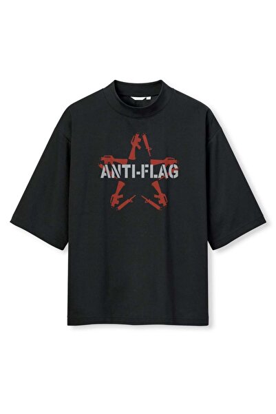 buzagi tasarım ürünleri Anti Flag Digital Print Oversize Black Unisex T-Shirt