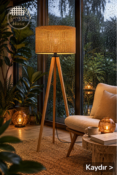 Vivido Home Silindir Doğal Rattan Hasır Ahşap Lambader